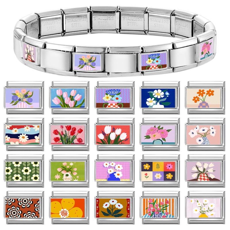 Damenmode Bunte Blumen Stil Serie Italienische Charms Passend für 9mm Edelstahlarmband DIY Schmuck Geschenk
