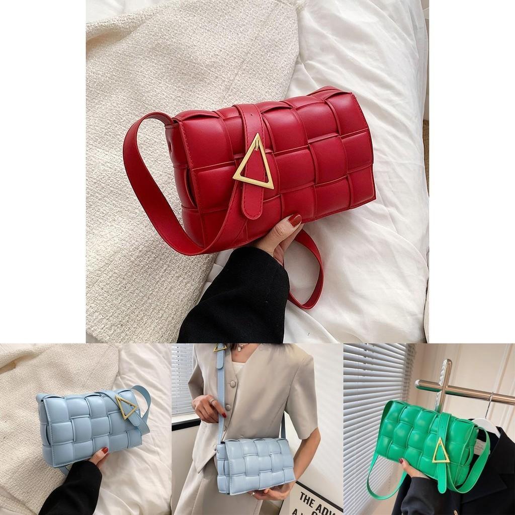 Classy Plaid Pu Leather Women Shoulder Bag Woven Soft Square Hand Chain Bag Gift