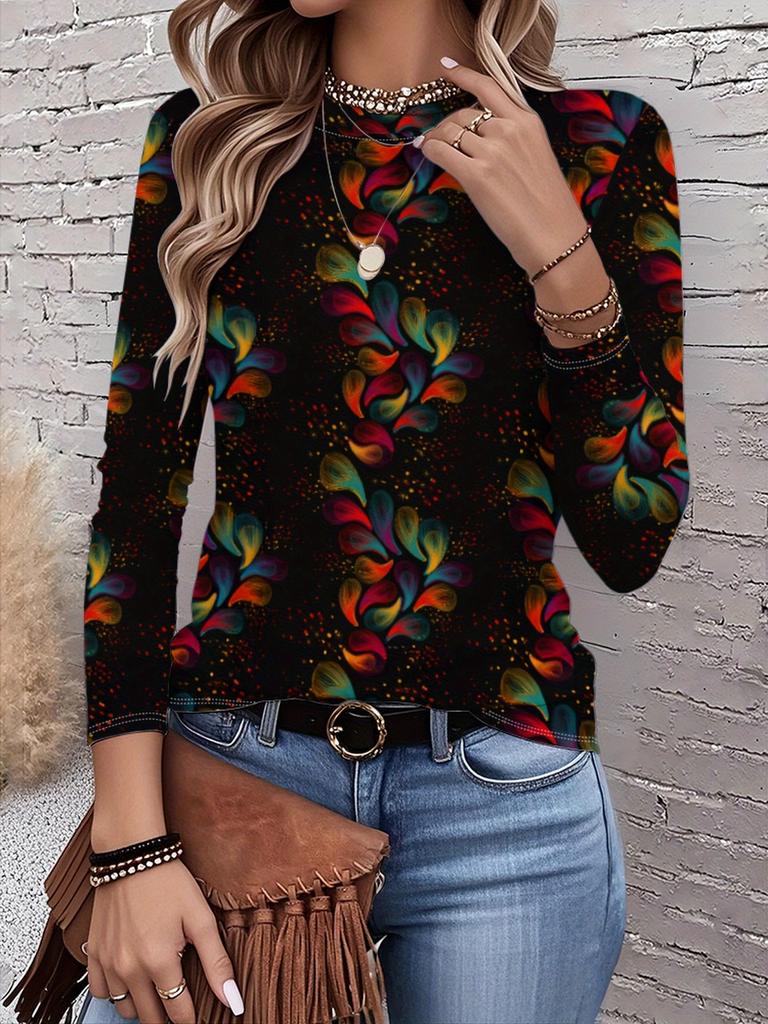 2026 New Women's Fashionable Long-Sleeved T-Shirt with Retro Floral Pattern, Perfect for Everyday Wear and Stylish Outfits