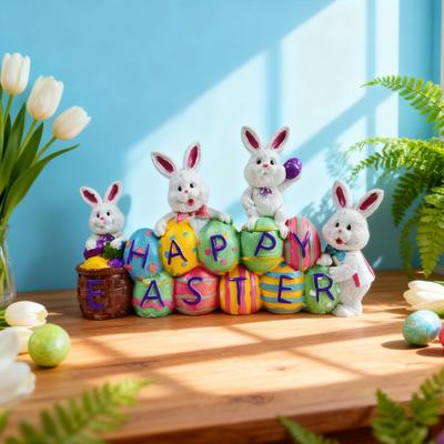 Happy Easter Bunny Figurine Hand-painted Colorful Egg Rabbit Resin Statue Sculpture Holiday Party Desktop Decoration Ornament