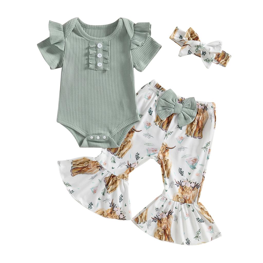 Baby Girls 3PCS Pants Sets Flying Sleeve O Neck Romper Floral Flared Pants Headband Sets