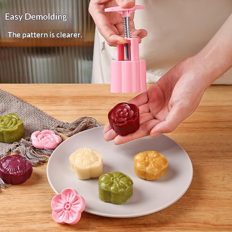 Mooncake Mold Plastic Hand Pressure Flower Cookie Stamp Non-Stick for Home Kitchen Pastry Baking Decoration Tool