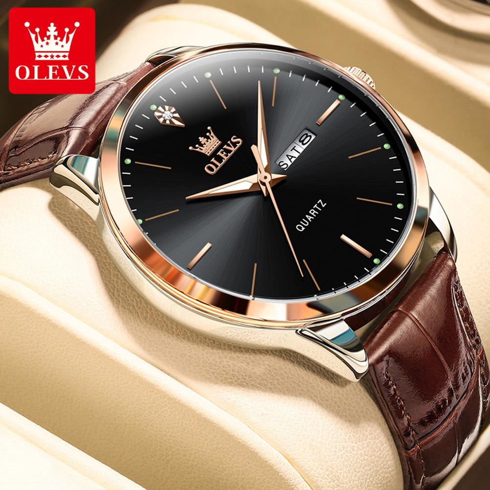 OLEVS Men's Watches Casual Fashion Original Brand Quartz Wristwatch for Man Waterproof Leather Strap Simple Trend Dress Date