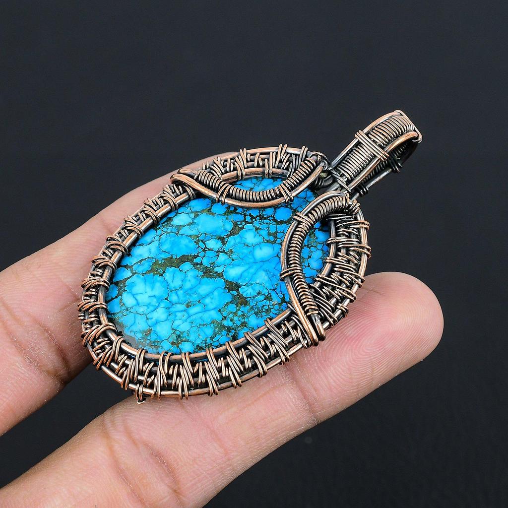 Tibetan Turquoise Pendant, 999 Copper Wire Wrapped Gemstone Jewelry, Handmade Pendant, For Thanksgiving