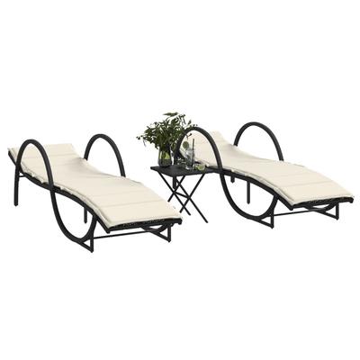 Vidaxl Sun Loungers with Table, 2 Pcs, Black, Poly Rattan