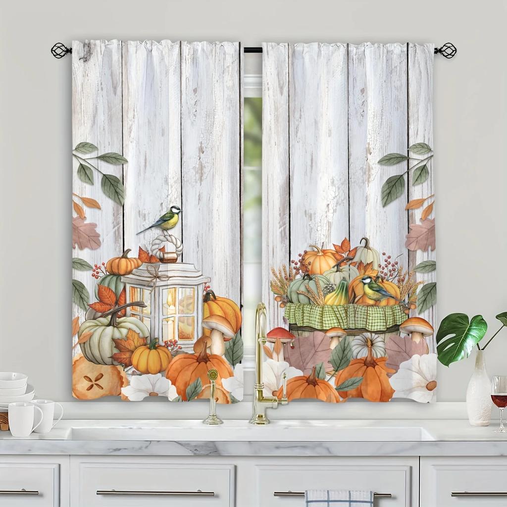 2 Stück Bauernhaus Kürbisse Rustikal Herbst Ahornblatt Pflanzen Heim Wohnzimmer Küche Dekoration Vorhänge Arbeitszimmer Esszimmer Schattentuch