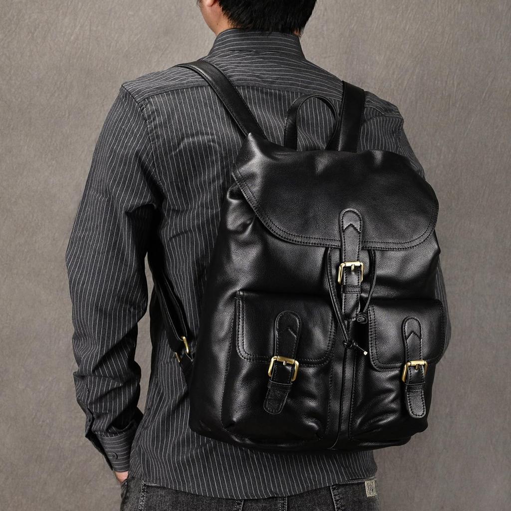 Wifreo Genuine Leather Large A4 Fits for and Business Trips Men's Backpack, Capacity, Size, 14-inch PCs, Unisex, Commuting, School, (Black)