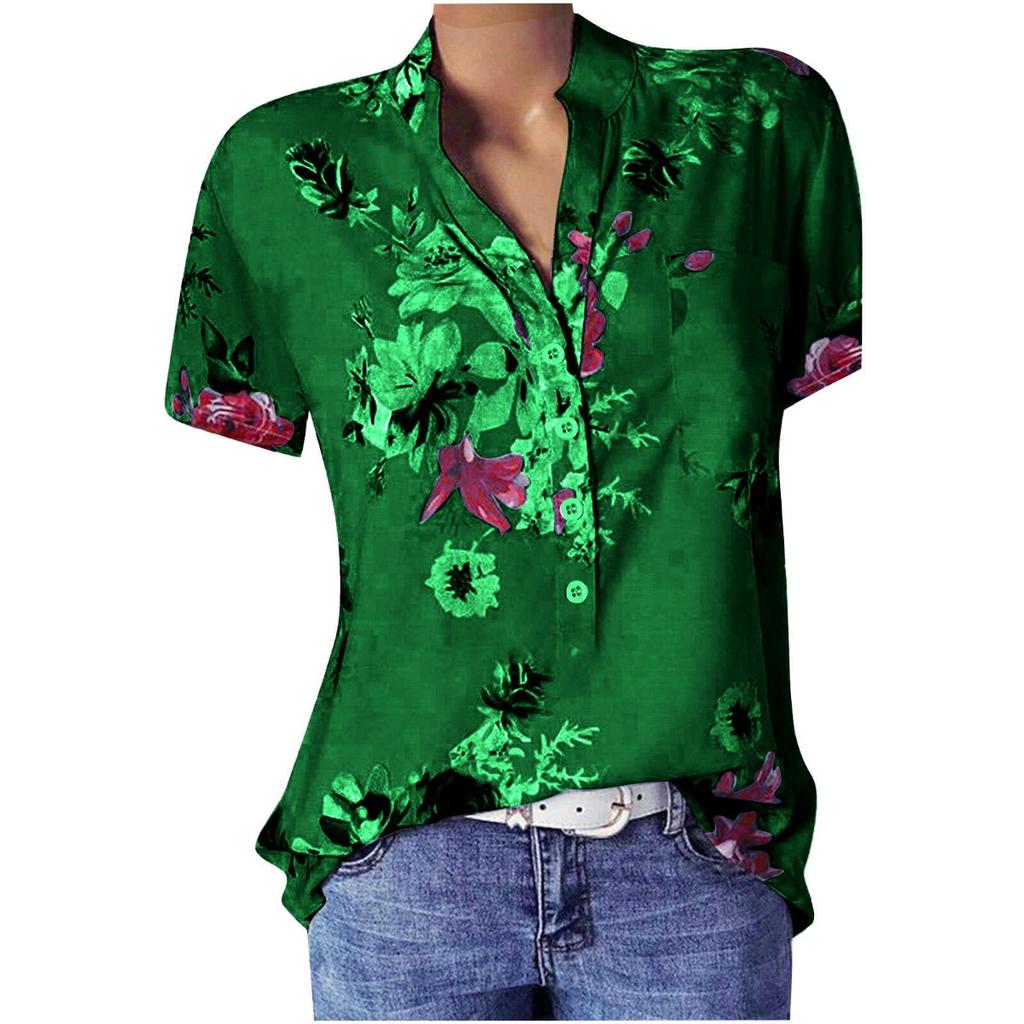 Women's Fashion Printed V-neck Short Sleeve Blouse, 10 Colors 8 Sizes Available Casual Summer Top