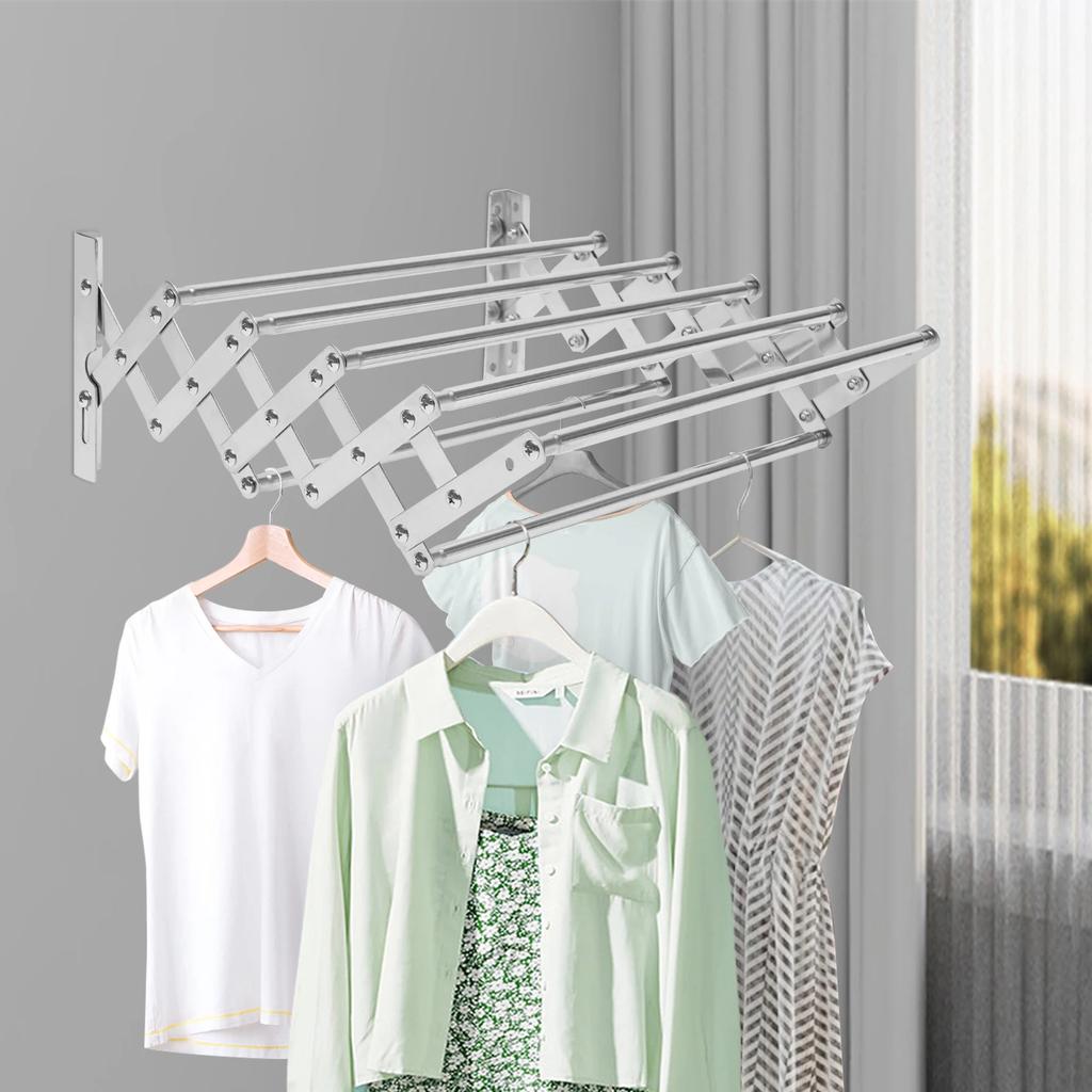 Wall Mounted Clothes Drying Rack Shelf Folding Dryer Hanger Stainless Steel Foldable, Drying Rack Wall w/5-Rods For Laundry Room