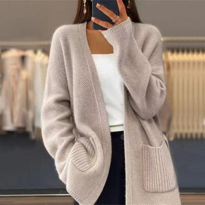 2023 Women's Thick Knit Cardigan with Pockets - Autumn/Winter Tie-Up, Solid Color