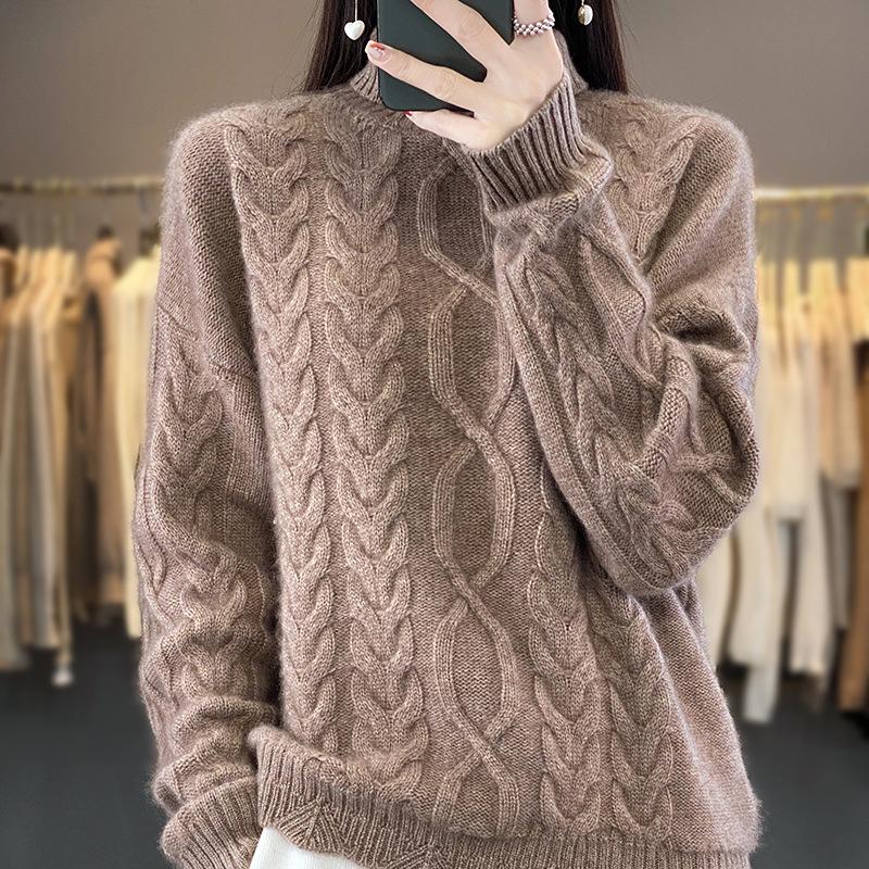 Women's High Neck Drop Shoulder Cashmere Sweater - Autumn/Winter New Arrival, Loose Slimming Knit Pullover