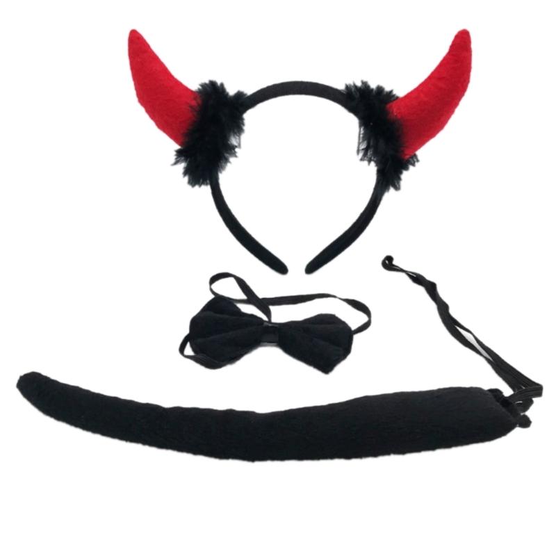 Devil Costume Kits Halloween Party Prop Devil Ears Headband Bow Tie Tail Set Cosplays Performances Prop for Women Kids