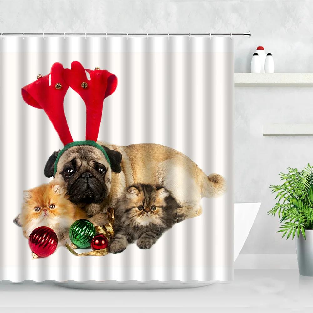 Funny Animal Christmas Dog Shower Curtains Chic Cute Pet New Year Xmas Bath Curtain With Hooks Waterproof Fabric Bathroom Decor