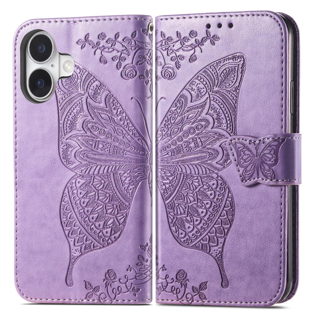 For iPhone 17 Case with Strap Butterfly Pattern PU Leather Wallet Phone Cover