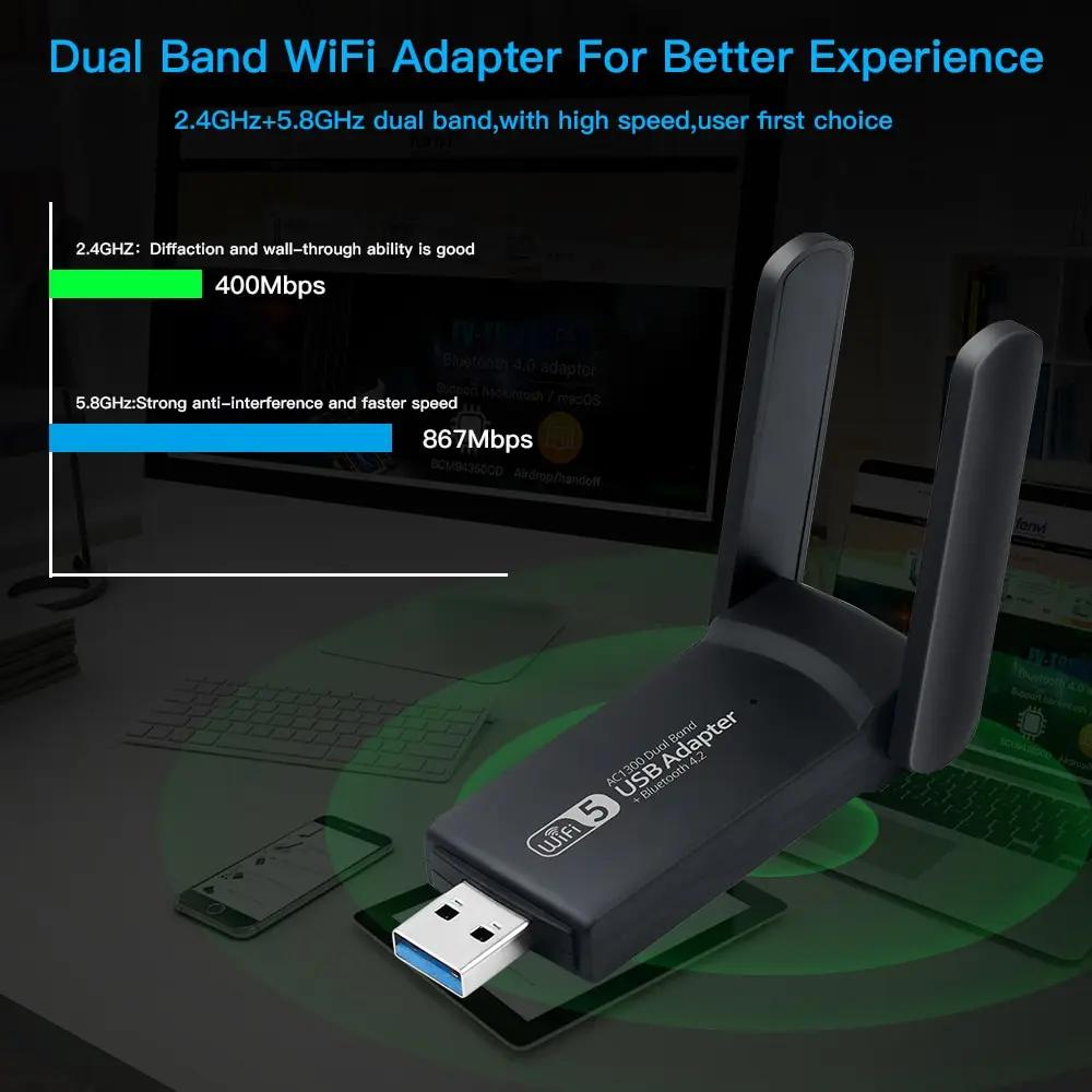 USB 3.0 WiFi Adapter 1300Mbps Bluetooth 4.2 Dual Band 2.4G 5GHz Wireless Network Card WiFi Receiver Dongle for Laptop Desktop PC Windows7 Windows11