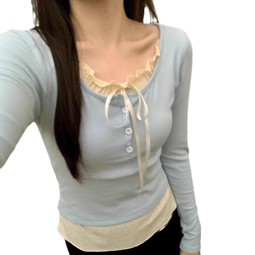 Women's Lace-up Ruffle Round Neck Two-Piece T-Shirt - Slim Fit, Spring 2024 Style