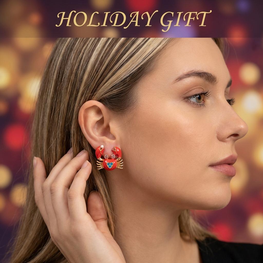 Summer Beach Rhinestone Love Heart Crab Stud Earrings For Women Shiny Zircon Red Crab Pearl Earring Vacation Holiday Jewelry