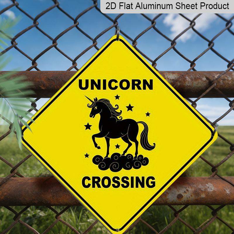 2D Flat - 1pc Whimsical Unicorn Crossing Caution Yellow Metal Tin Sign | Durable Indoor/Outdoor Wall Decor, Novelty Home or Garden Art, Unicorn Wall