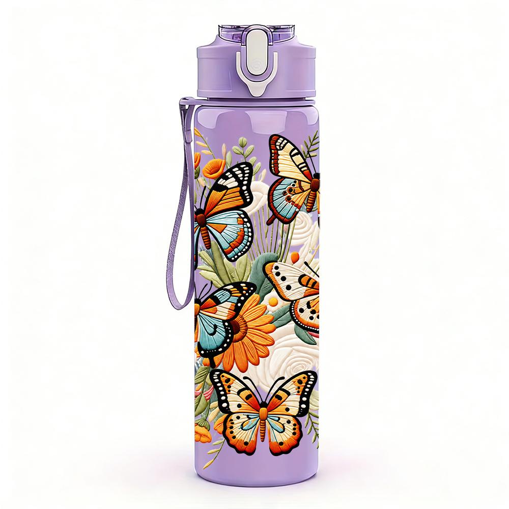 1PC Vintage Butterfly Bouquet 750ml Color Plastic Sports Water Bottle Leakproof Flip Straw Lid Suitable for Sports Office Home Use