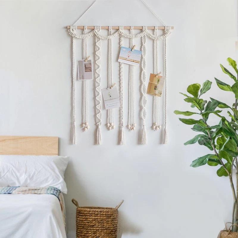 Bohemian Nordic Wall Hanging: Handmade Tapestry with Tassels and Photo Clips