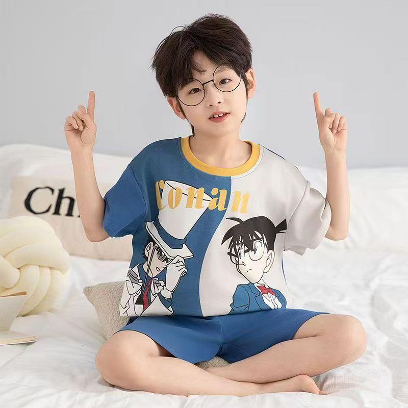 Summer Cartoon Print Boys' Pajama Set - Short Sleeve, Round Neck, Lightweight - For Kids