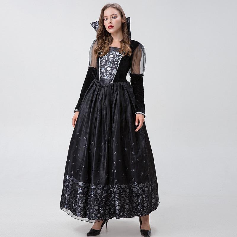 Halloween Adult Vampire Skull Horror Ghost Costume Black Dress Stage Costume