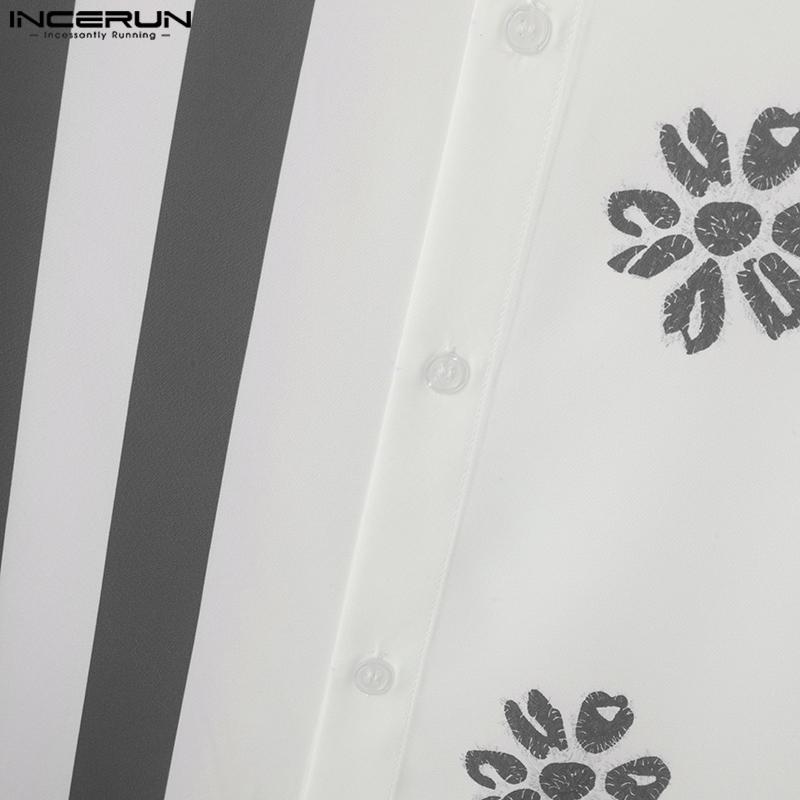 INCERUN Spring Men Long Sleeve Casual Shirts Floral Striped Patchwork Tops