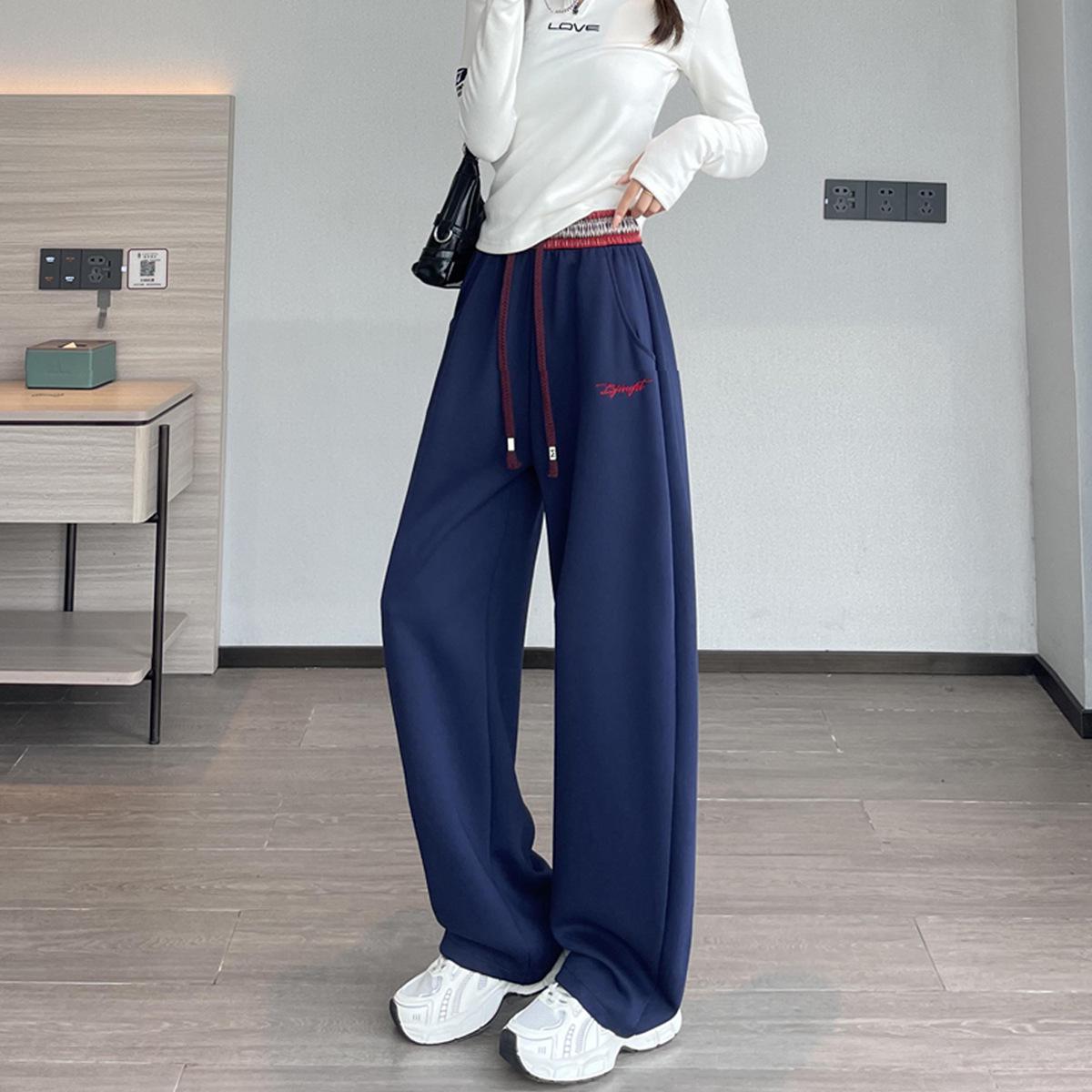 

Women s Cotton Embroidered High-Waist Wide-Leg Sweatpants, Versatile for Spring and Autumn M (50-57.5 kg) темно-синий
