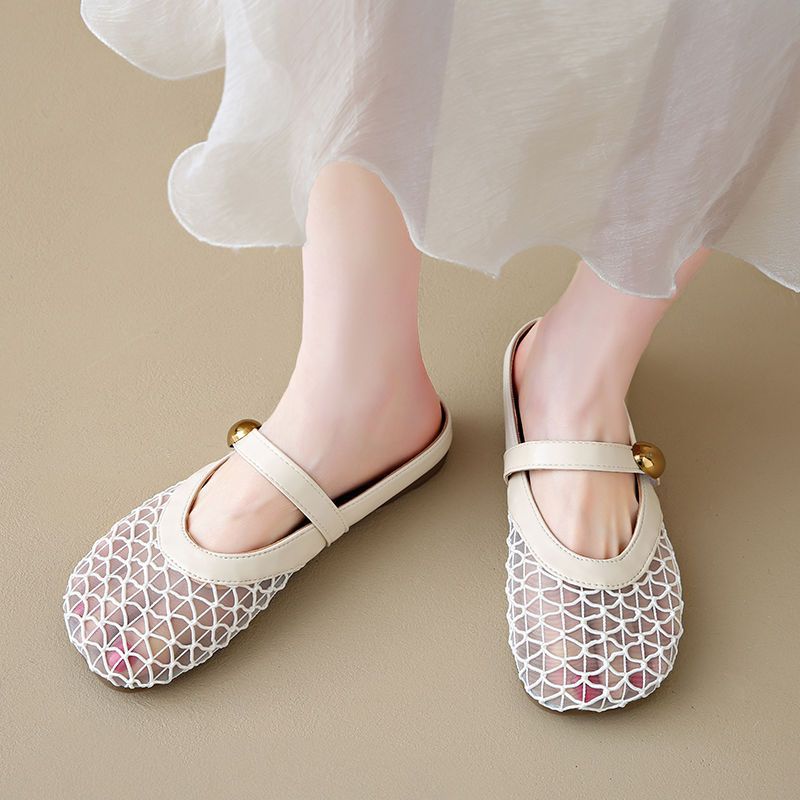 

Hollow mesh Birkenstock bag head half slippers women s outer wear flat bottom super fire summer 2025 new with skirt cool slippers 40