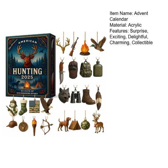 American Hunting Advent Calendar 2025 24 Days Christmas Countdown with 2D Hunting-Themed Surprises And Mini Survival Charms for Hunters Outdoorsmen