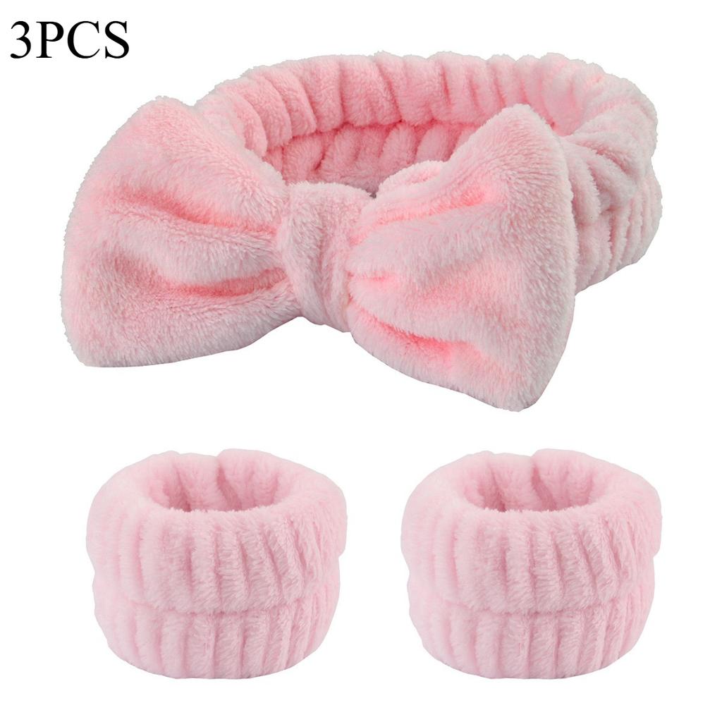 3pcs Adorable Bow Hair Band and Wristband Set, Soft Spa Headband for Washing Face, Makeup, Skincare, and Hair Styling
