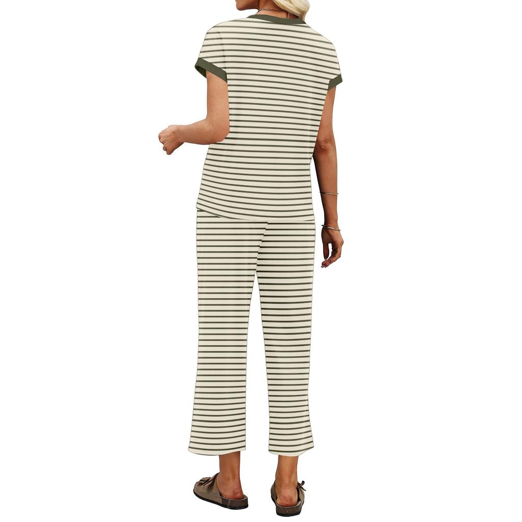 Completo da Donna Due Pezzi Casual Loungewear Top Scollo a V Manica Corta con Pantaloni a Gamba Larga a Righe Vestibilità Rilassata Tessuto Morbido per Viaggio e Casa