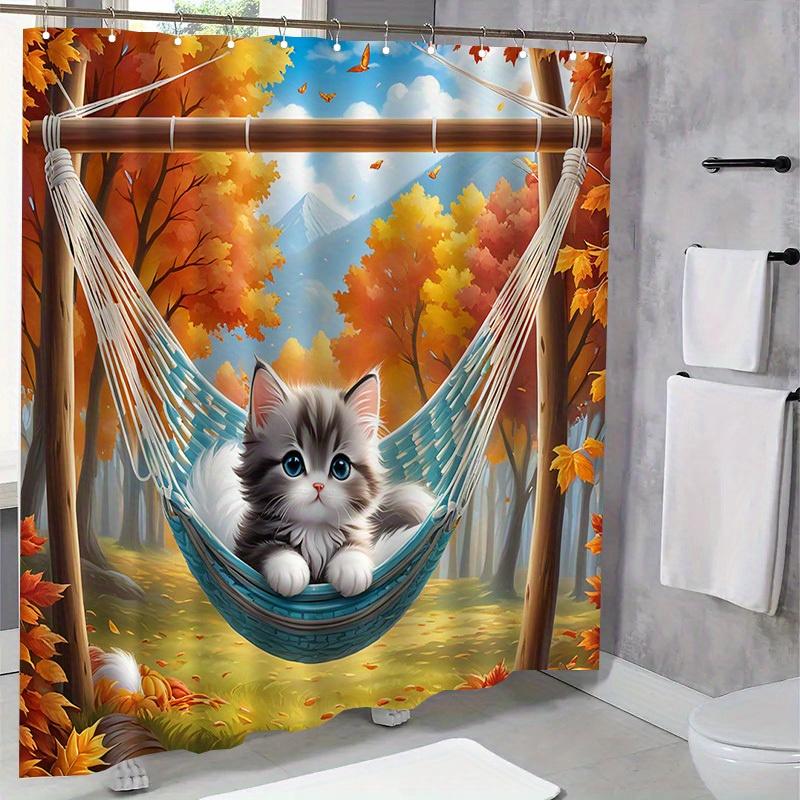 Cute Kitten Shower Curtain Autumn Forest Hammock Scene Fall Leaves Decor Nature Art Waterproof Fabric Bath Curtain Set Home