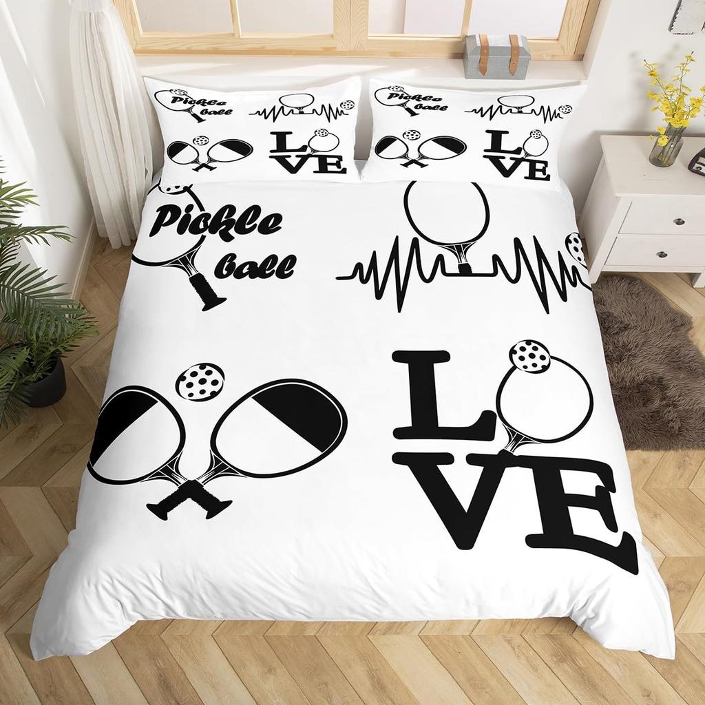 Pickleball Duvet Cover Full Size Ball Sports Gaming Bedding Set Yellow White Quotes Comforter Cover Black Microfiber Quilt Cover