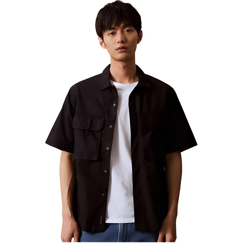 Calvin Klein Solid Color Comfortable Casual Workwear Pocket Short Sleeve Shirt Men Shirts Space-Black ZM02826-BEH