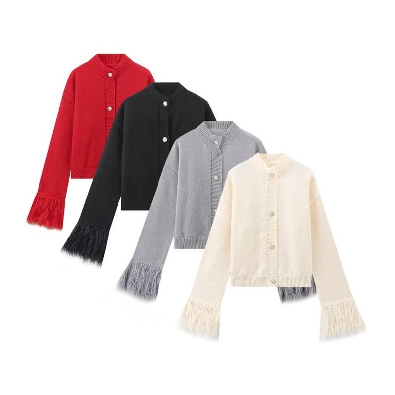 Women Solid Knit Cardigan With Faux Fur Trim Long Sleeve