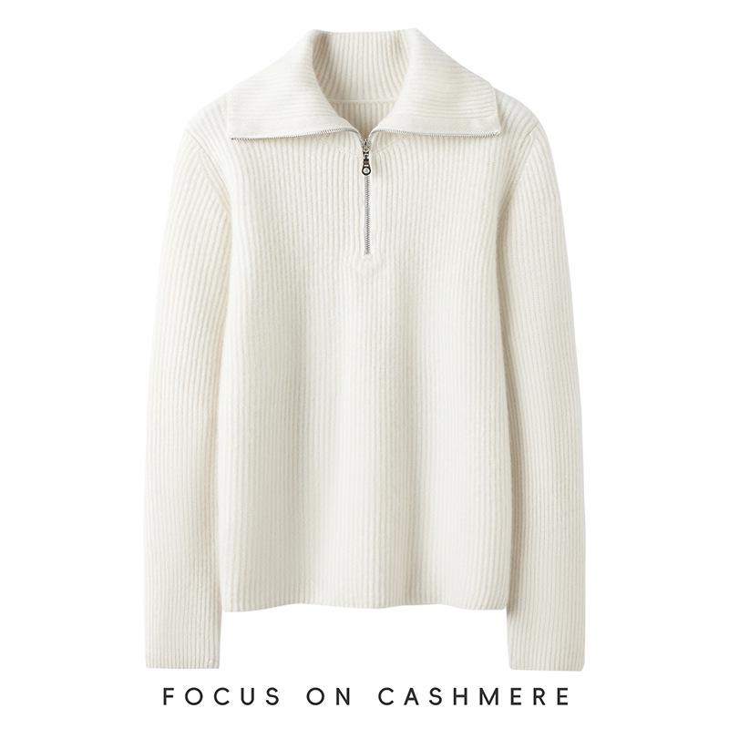 Women's 2026 Autumn/Winter Cashmere Lapel Half-Zip Knit Sweater: Elegant, Thick, Warm Base Layer