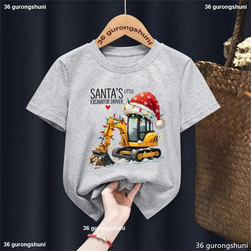 Santa'S Little Excavator Driver Graphic Printed T Shirt Girls/Boys Cool Xmas Gift Children'S Clothing Funny Solid T-Shirt Tops