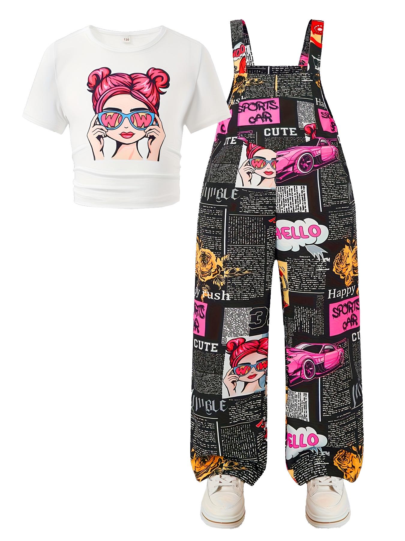 

Girls Spring/Summer 130-170 Size Casual Cartoon Print Fitted Elastic Top & Letter Print Workover Pants Set 130 cm、140 cm、150 cm、160 cm、170 cm、