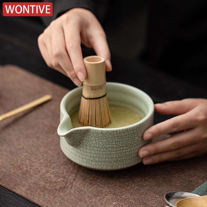 Japanese Matcha Tea Set Ru Kiln Cracking Ceramic Matcha Bowl with Spout Tea Whisk Baibenli 2/4/5/8-Piece Tea Making Tool Set