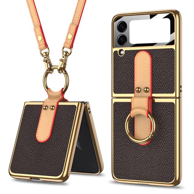 For Samsung Galaxy Z Flip 3 5g Case Original Case Luxury Plating Leather Strap Ring Stand Hard Cover For Samsung Z Flip 3 5g