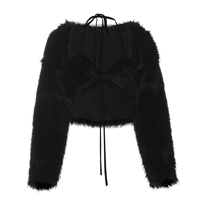 

# Sisjuly# Furry Stylish V-neck Sexy Inner Black Cool Feeling Easiest for Match Cardigan Two-Piece Set Female Black S