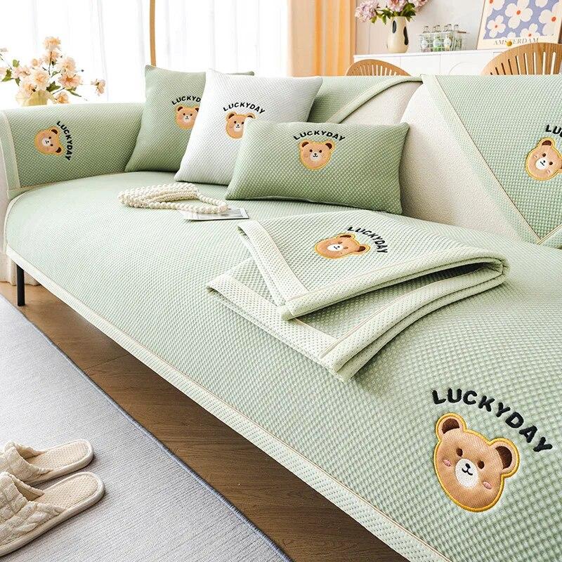 Pure Color Simplicity Ice Silk Sofa Cover Cartoon Embroidery Couch Mat Summer Cool Non-slip Sofa Cushion Soft Sofa Cushion Towel