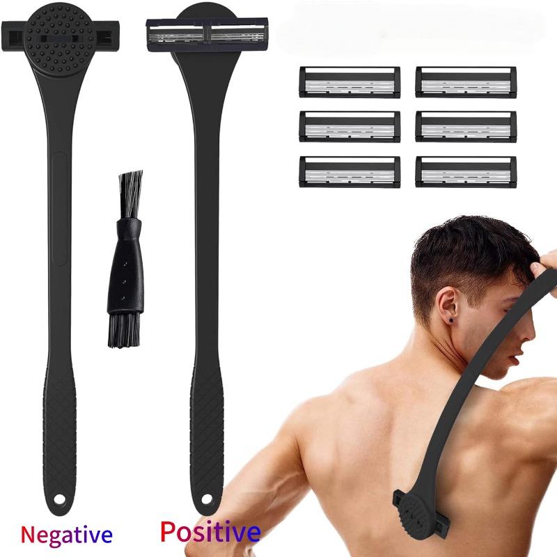2 in 1 Back Razor with Massage Cleaning Brush, Manual Body Razor Stainless Steel Bendable Handle, Wet/Dry, Includes 6 Replacement Blades, Black