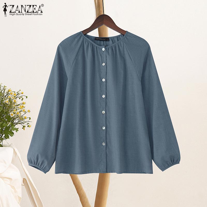 ZANZEA Women Casual Round Neck Solid Color Loose Long Sleeve Blouse