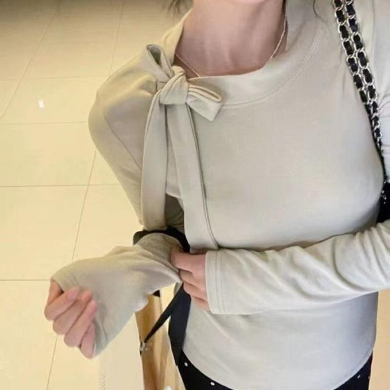 German Velvet Design Butterfly Tie Tied Long Sleeved T-shirt for Women In Spring Autumn Slimming Off Half High Collar Base Top T-Shirts Women’s