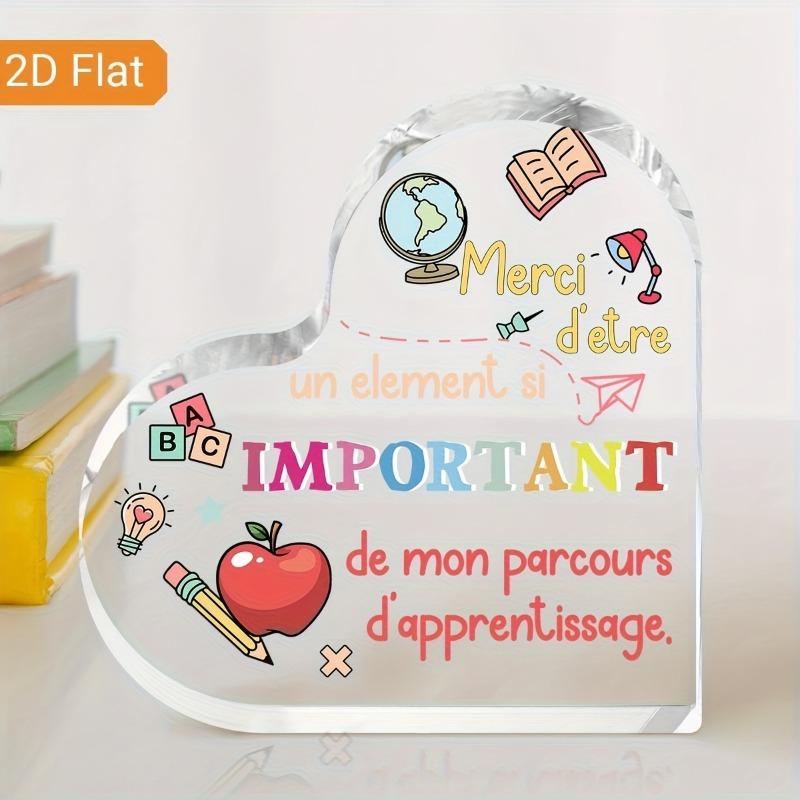 2DFlat French-Style "Important" Teacher Appreciation Award-Heart-Shaped Acrylic Desk Plaque with School Icons,Home Desk Living Room Acrylic Decoration