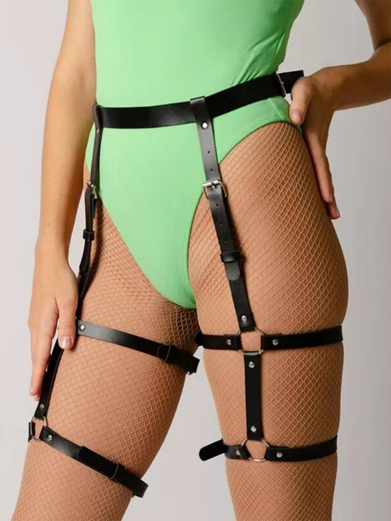 Women'S Adjustable Leather Leg Garter Belt, Punk Thigh Garters With Metal Rings, Parties And Dancing