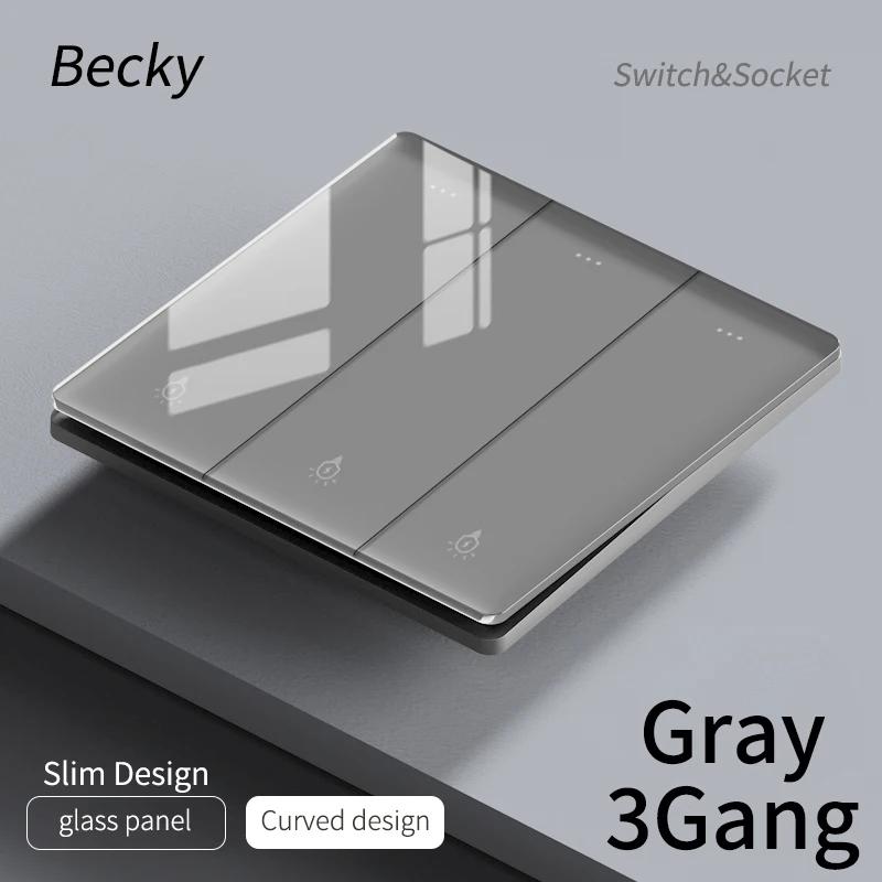 Gray Glass Wall Square Switch Panel EU UK Standard 16a Socket Large Panel Wall Light Switch Usb TypeC Socket Net TV Tel Socket