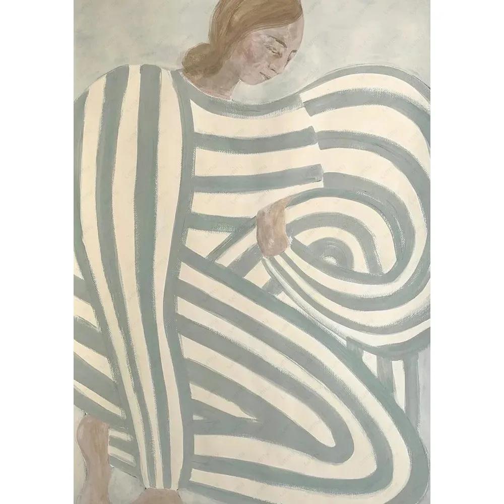 Abstract Lines Geometric Curves Girl Canvas Poster Retro Feminist Wall Art Printing for Modern Living Room Bar & Home Decor